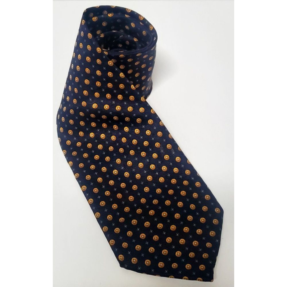Bergamo New York Necktie Handmade Pure Silk Navy & Gold Polka Dot Medallion Tie